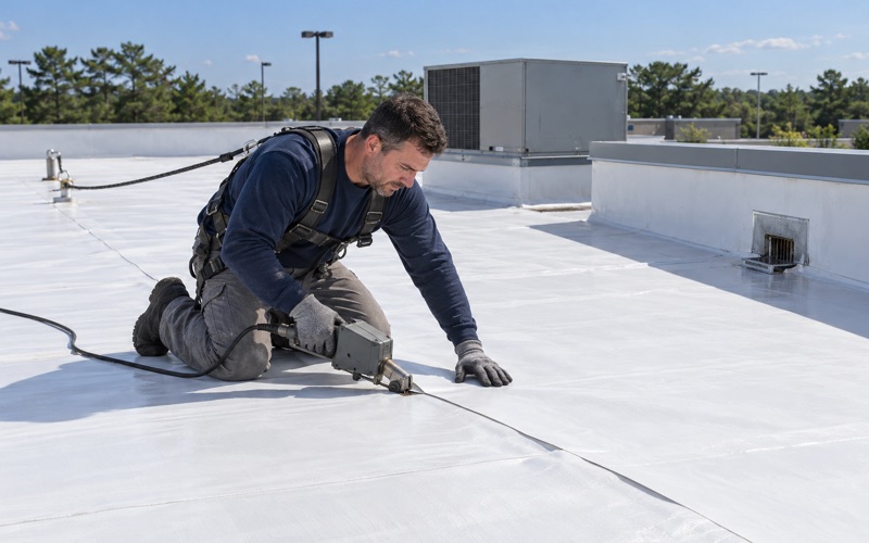 A hot-air welder sealing a membrane seam on the flat roof of a one-story retail strip in Brick Township.