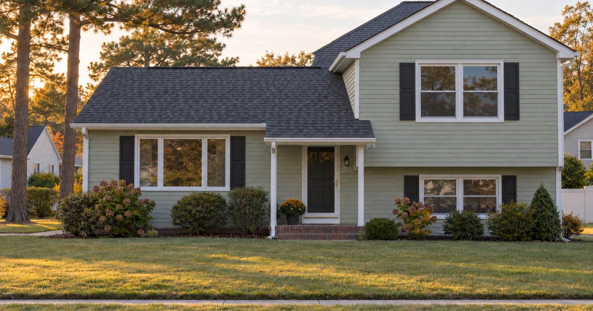 A finished new roof on a Brick Township split-level in evening light, gutters and trim complete.