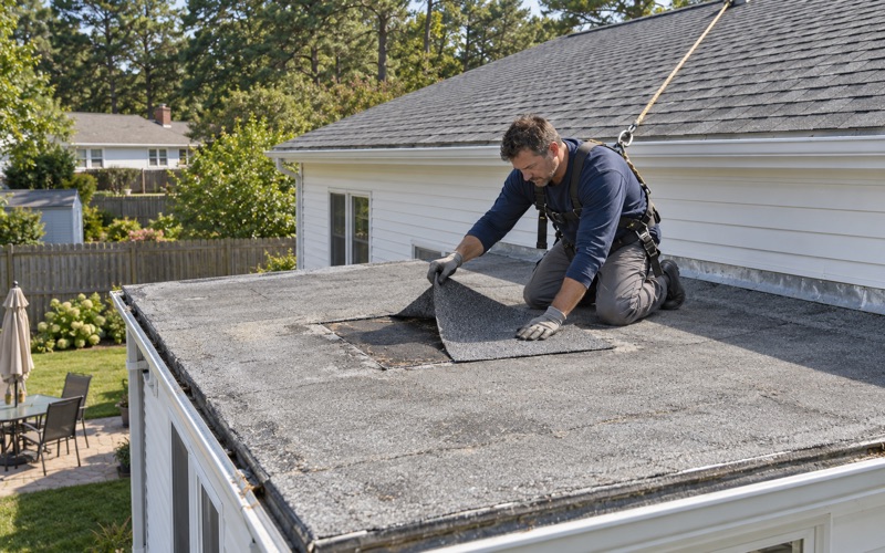 A modified bitumen patch pressed over a blister on the flat roof of a rear addition in Brick Township.