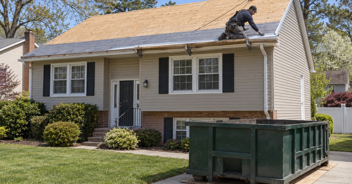 A new metal drip edge going on along the eave of a stripped 1970s split-level during a roof replacement in Brick Township.
