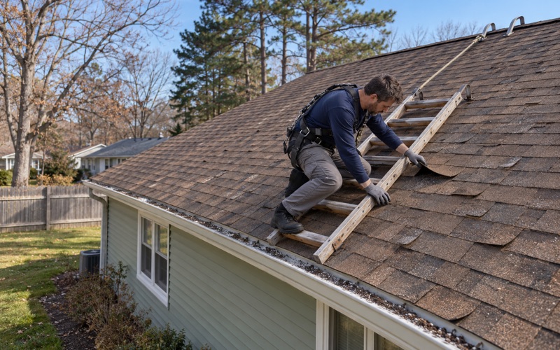 A roofer lifting the curled corner of an aging shingle to inspect the roof of a Brick Township ranch.