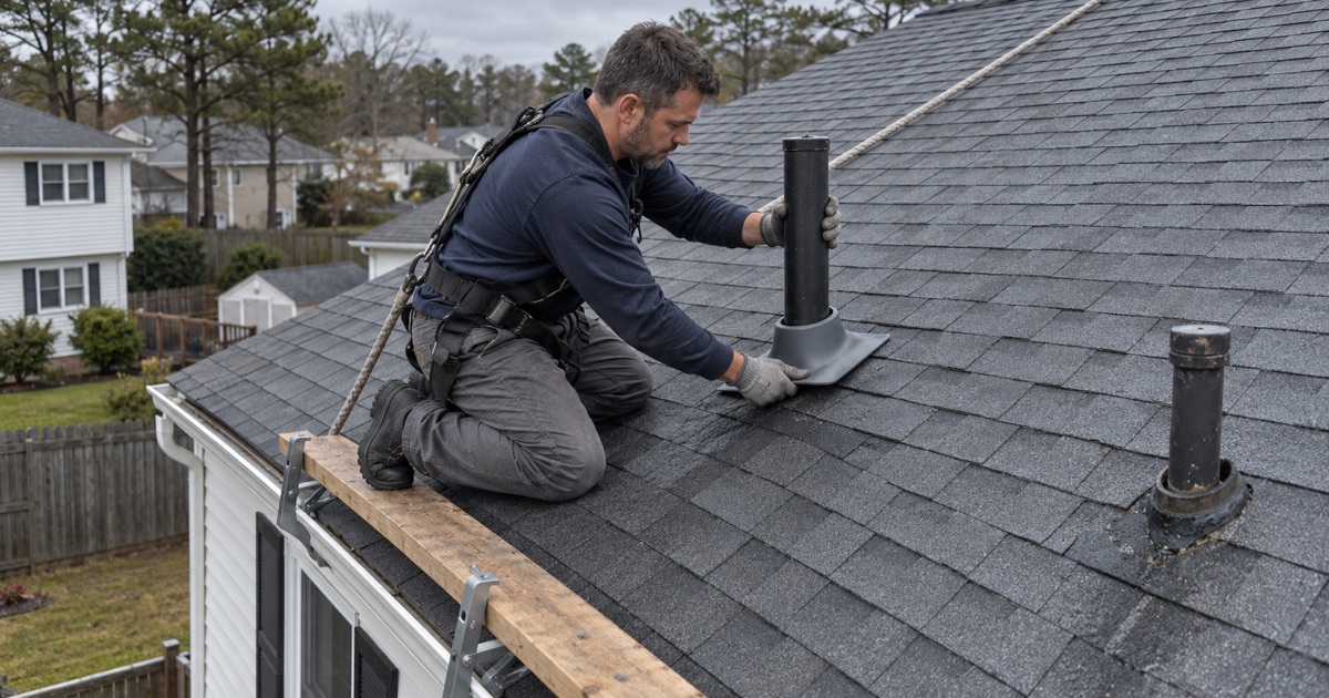 A new rubber pipe boot fitted around a plumbing vent to stop a leak on a Brick Township split-level.