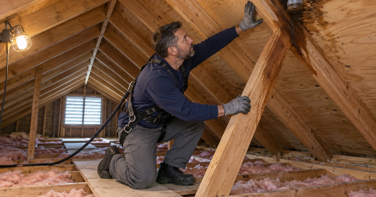 A roofer in the attic of a Brick Township house tracing a roof leak along a water-stained rafter.