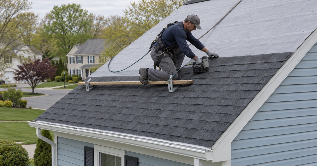 New architectural shingles nailed over fresh underlayment during a full roof replacement on a Brick Township colonial.