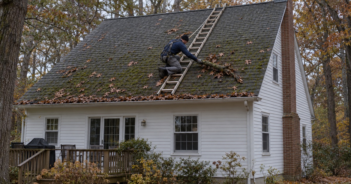 A roofer lifting a fallen oak branch off the shaded roof of a house on a wooded lot in Allenwood.