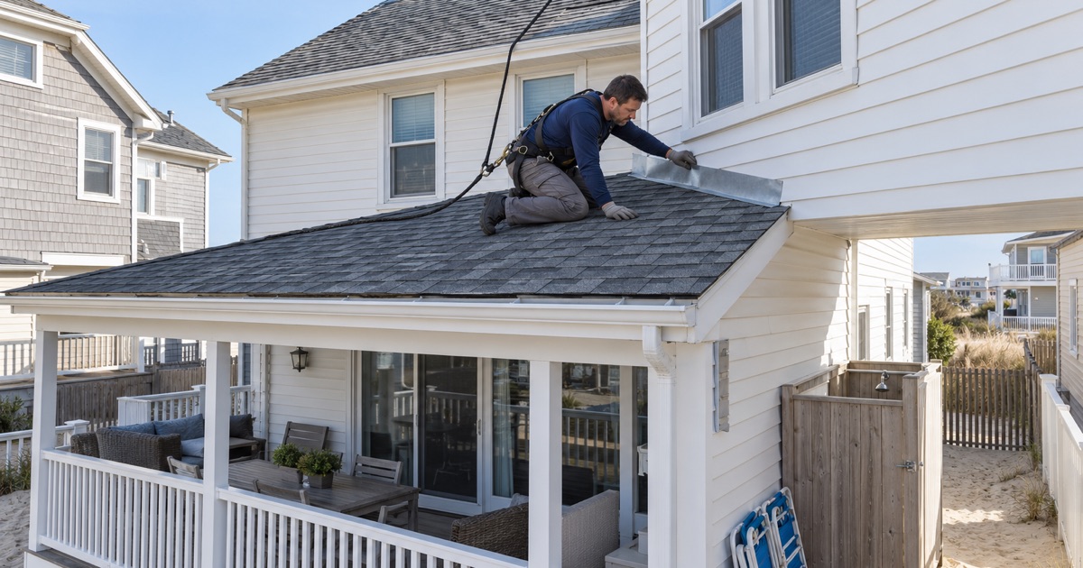 Re-roofing the deck roof of a Belmar beach rental in spring