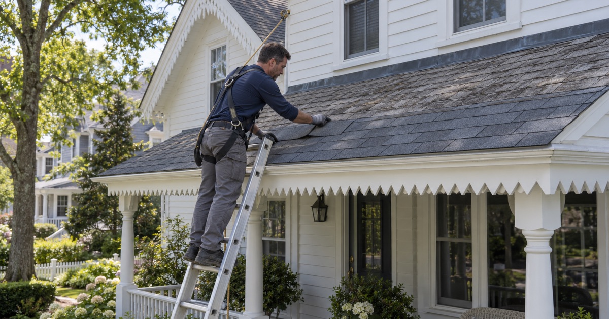 A roofer re-shingling the porch roof of an 1870s river cottage in Brielle, its sawtooth eave trim kept intact.