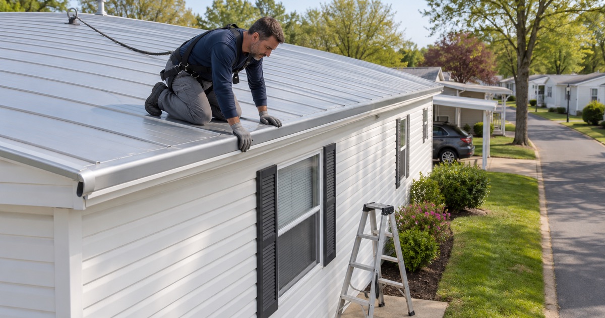 A roofer checking the edge trim of the low metal roof on a manufactured home in an Eatontown park.