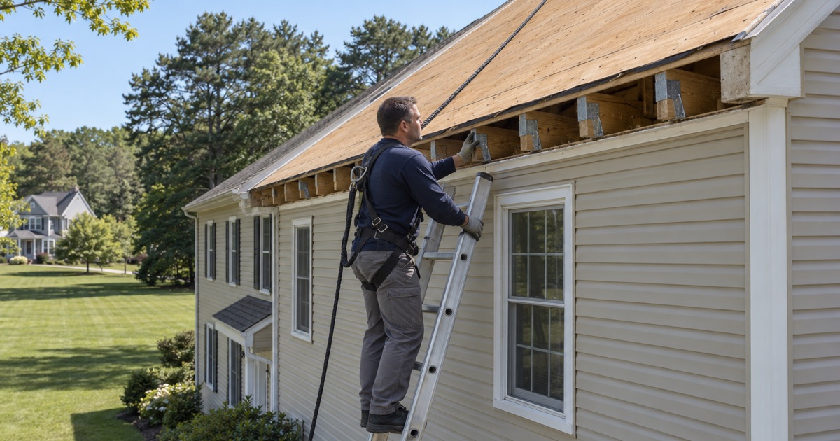 A metal tie fastening a rafter tail to the wall plate at the open eave of a Howell house during a re-roof.