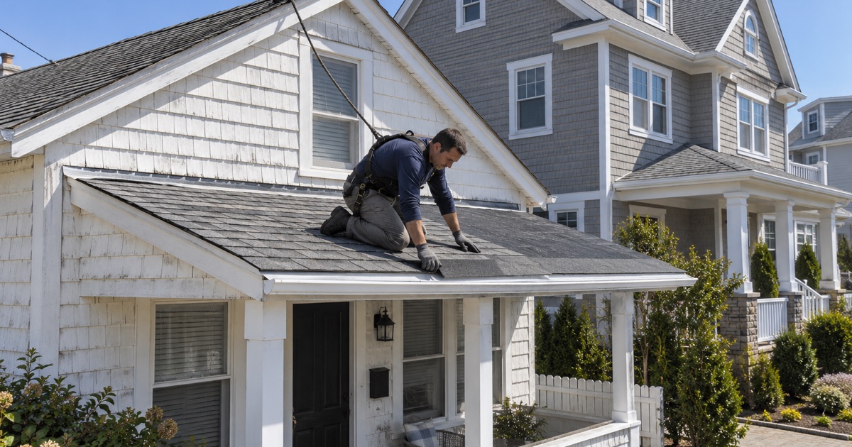 A roofer re-shingling a surviving beach bungalow in Manasquan beside a much larger new house built after Sandy.