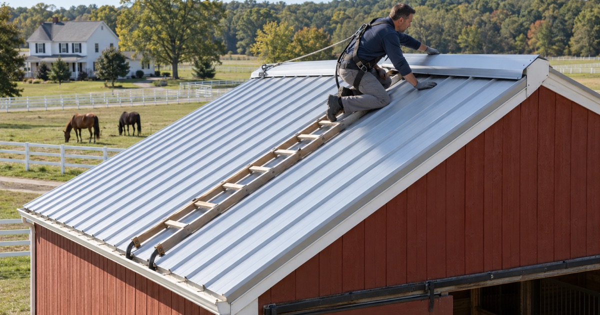 A roofer setting the ridge cap on the steel roof of a horse barn on a Millstone Township farm.