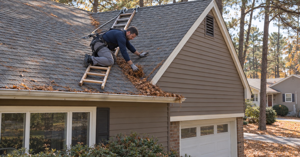 A roofer clearing pine needles out of a roof valley on a 1970s Pine Lake Park split-level under pitch pines.