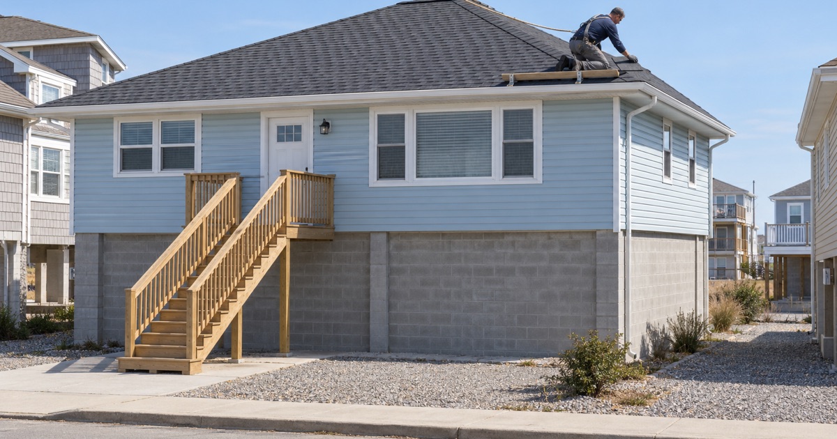 New shingles on the roof of a Point Pleasant ranch raised onto a new foundation after Sandy
