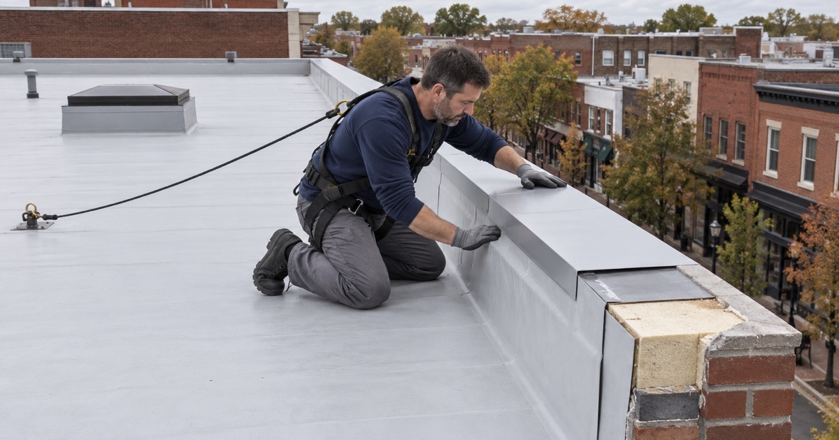 A new metal coping set over a parapet on a Red Bank flat roof after a re-roof raised the roof surface.