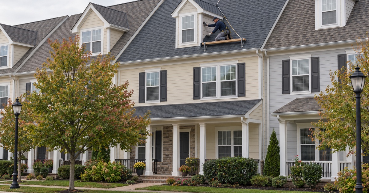 A roofer flashing the dormer of a 2000s townhome in Robbinsville Town Center during its first re-roof.