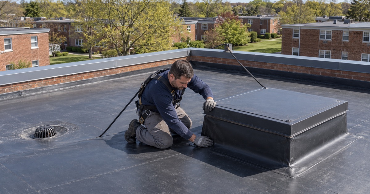 Fresh membrane flashing around the roof hatch of a brick garden apartment building in Spring Lake Heights.
