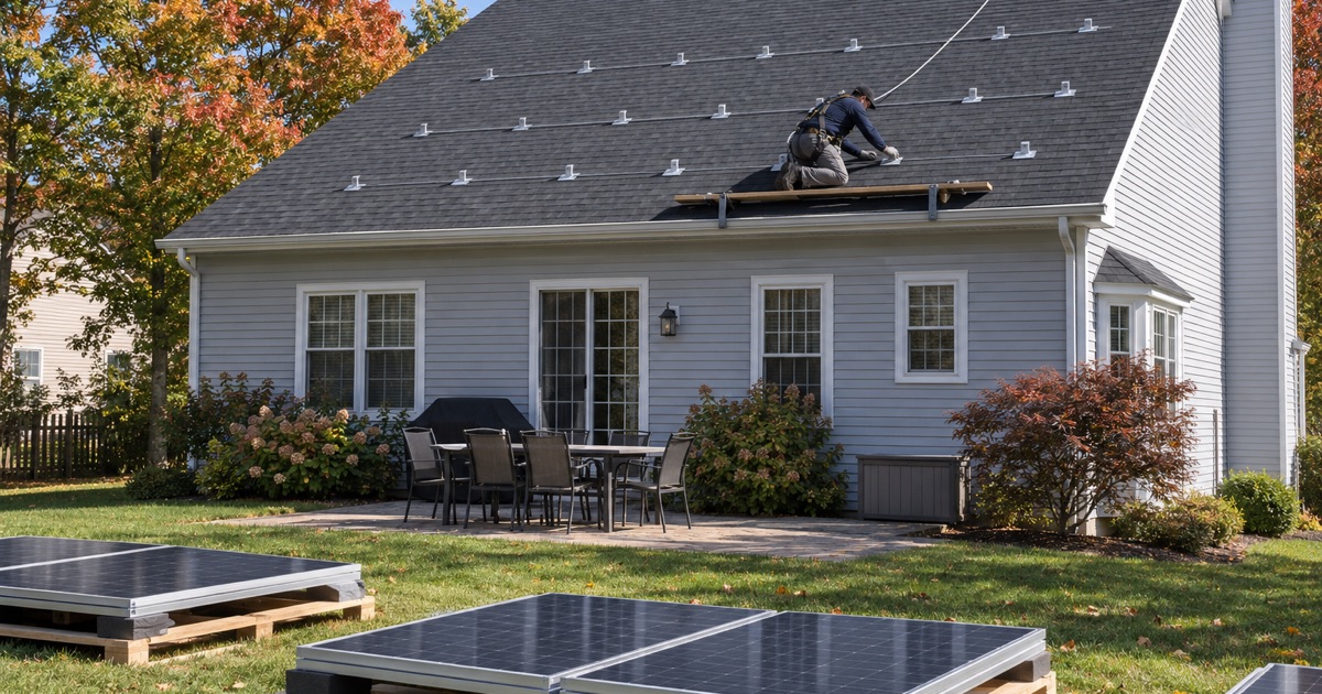 A flashed solar mount set into new shingles on a Tinton Falls house, the panels lying on the lawn until they go back on.