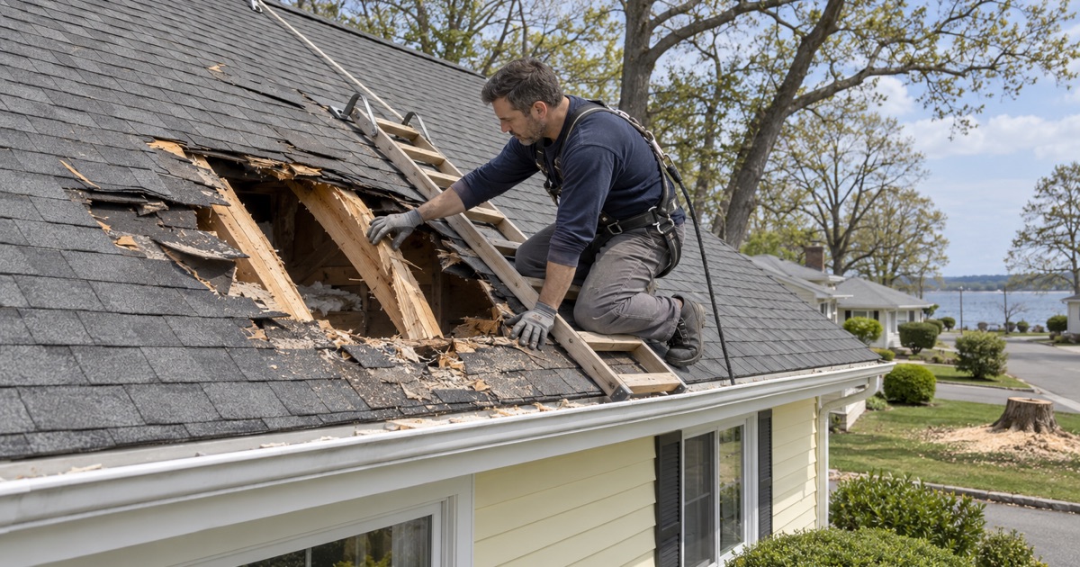A roof opened by a fallen tree on a Toms River ranch, the tree cut away and the cracked rafters exposed.