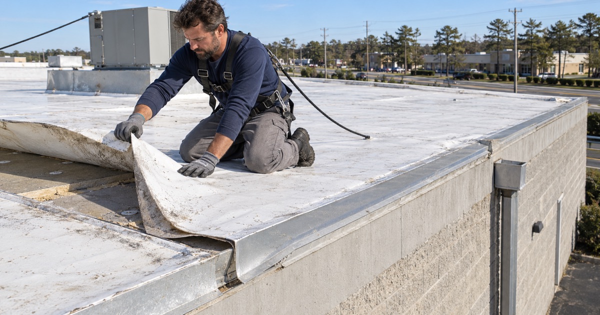A wind-lifted membrane flap pressed back down at the edge of a low-slope commercial roof along a Wall Township highway.