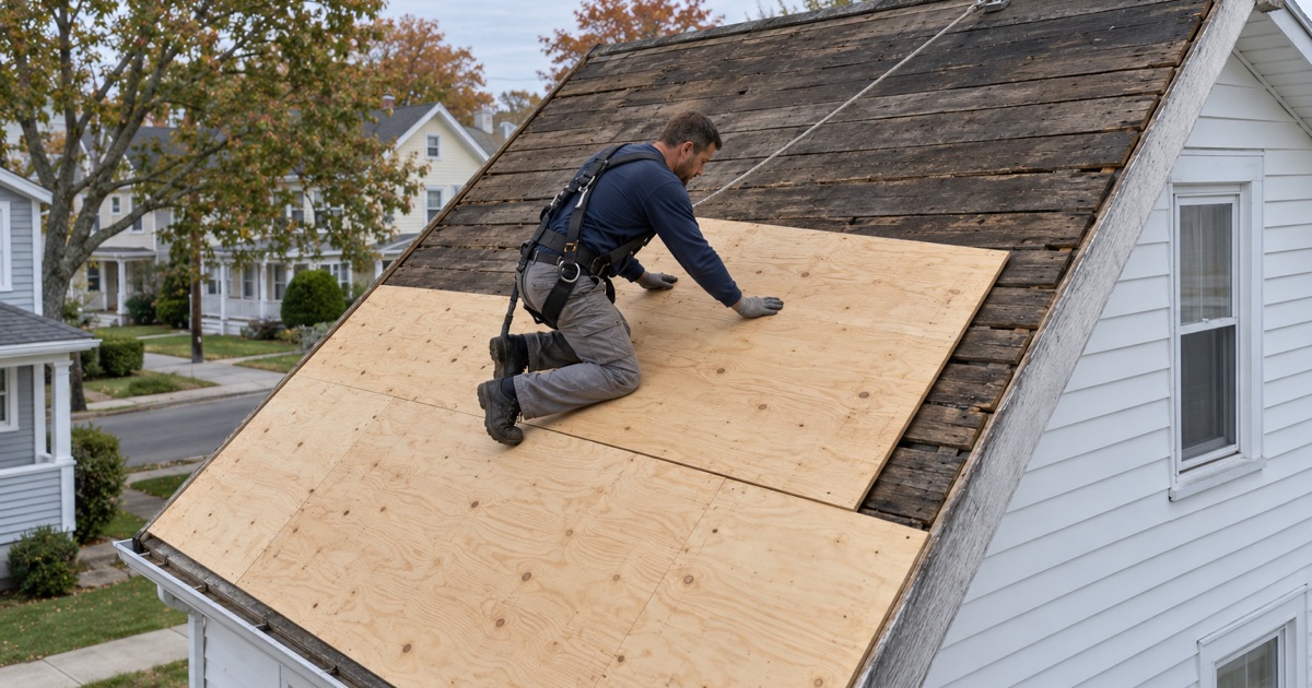 New plywood laid over the old board decking of a prewar West Belmar house during a tear-off.