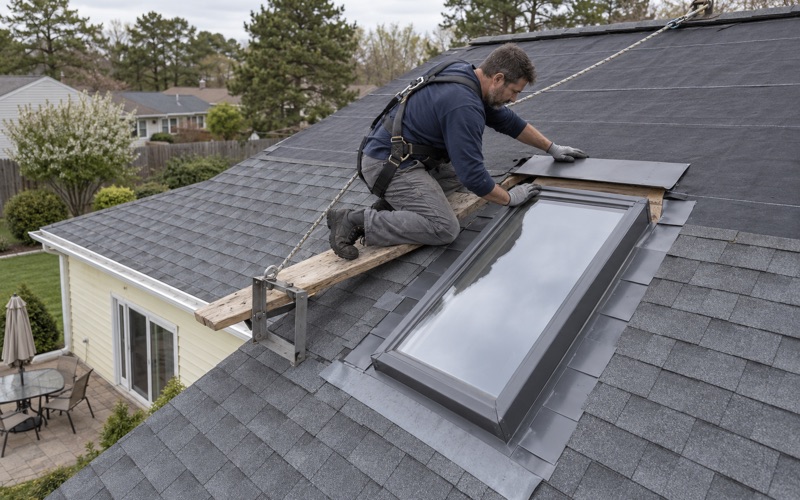 A new skylight being flashed into the rear slope of a Brick Township ranch.