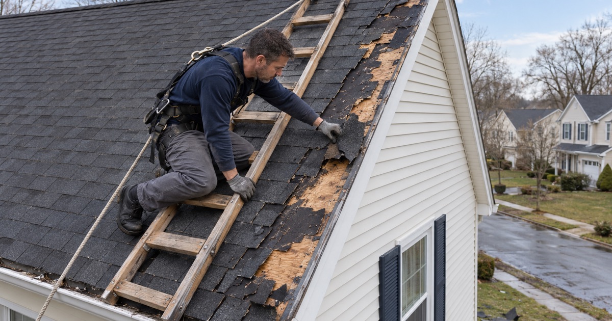 A roofer clearing wind-torn shingles from the rake edge of a Brick Township house after a nor’easter.
